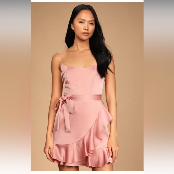 Lulu’s Glamourous Lifestyle Blush Pink Satin Faux-Wrap Mini Dress - Picture 1 of 11